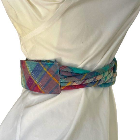 Vintage 80s Braided Madras Plaid Cinch Waist Belt Brass Buckle Adjustable Length - Picture 3 of 9